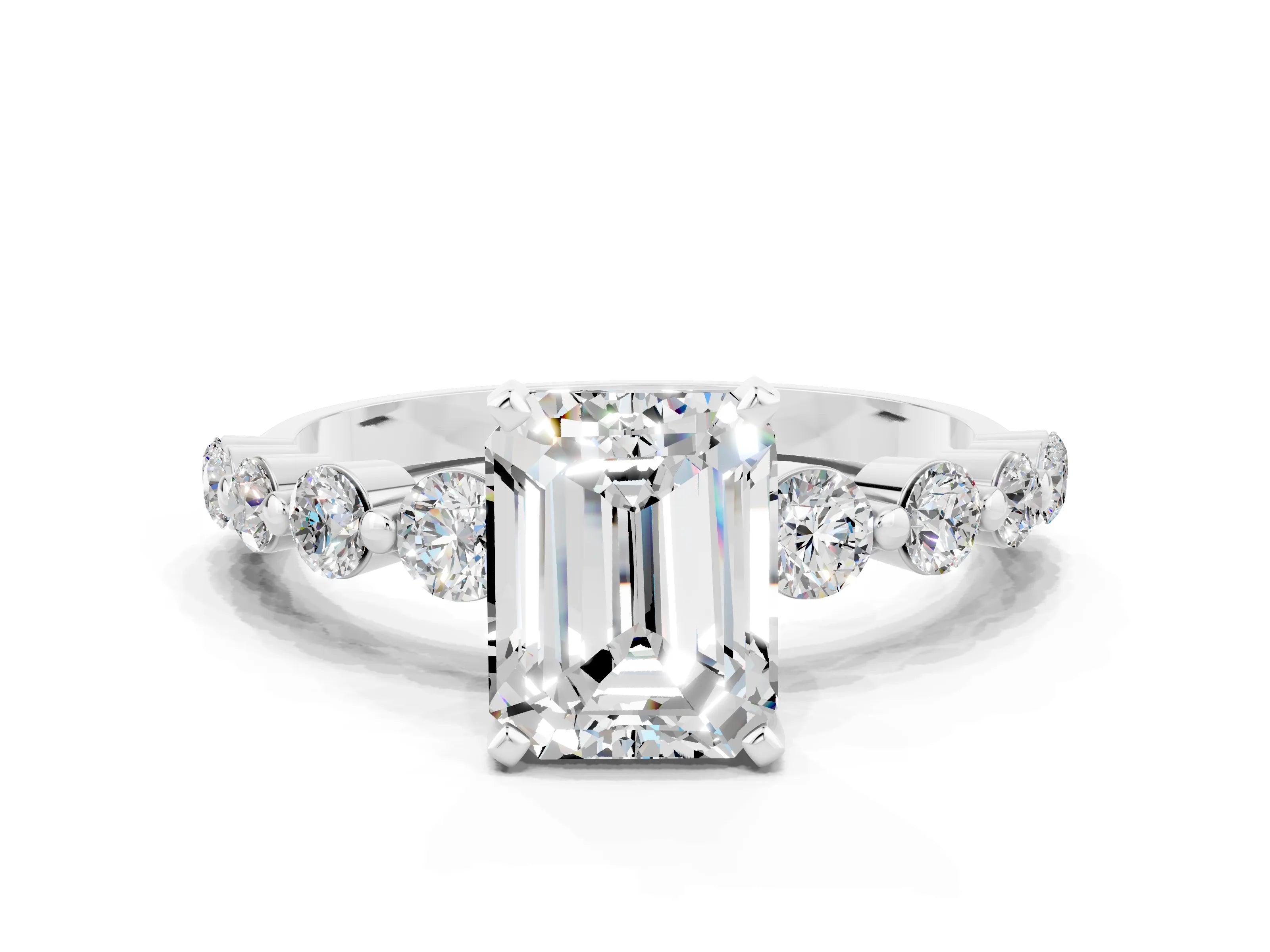 White gold Emerald Cut Solitaire Moissanite Ring with Pave Band and Four-Prong Setting