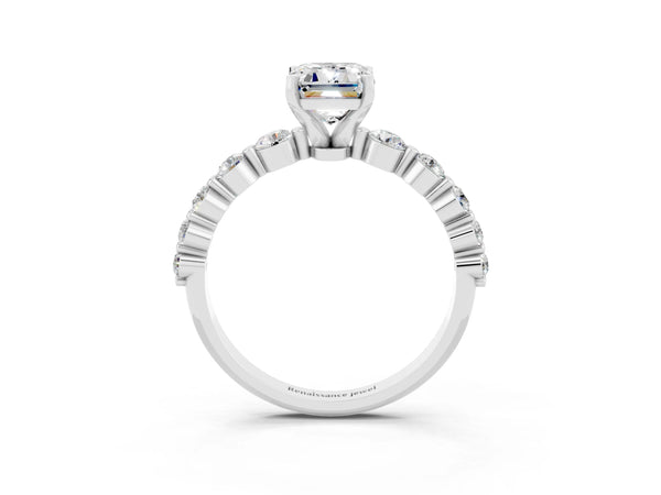 Silver Emerald Cut Solitaire Moissanite Ring with Pave Band and Four-Prong Setting