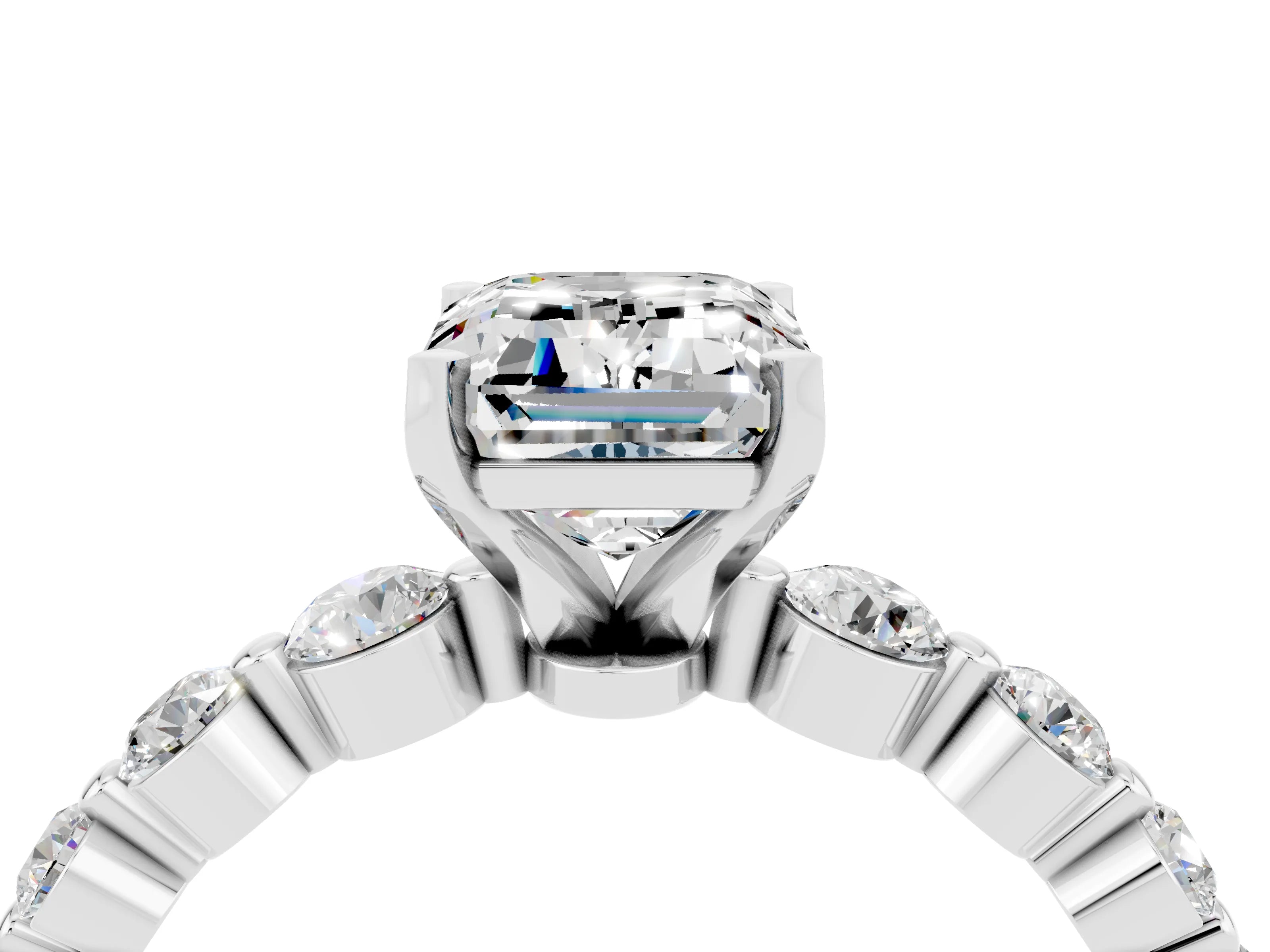 White gold Emerald Cut Solitaire Moissanite Ring with Pave Band and Four-Prong Setting_4