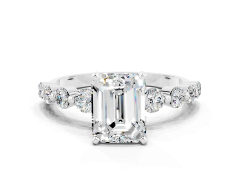 White gold Emerald Cut Solitaire Moissanite Ring with Pave Band and Four-Prong Setting