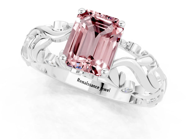 White gold Emerald Cut Solitaire Morganite Leaf-Inspired Vine Band Ring with Prong Setting