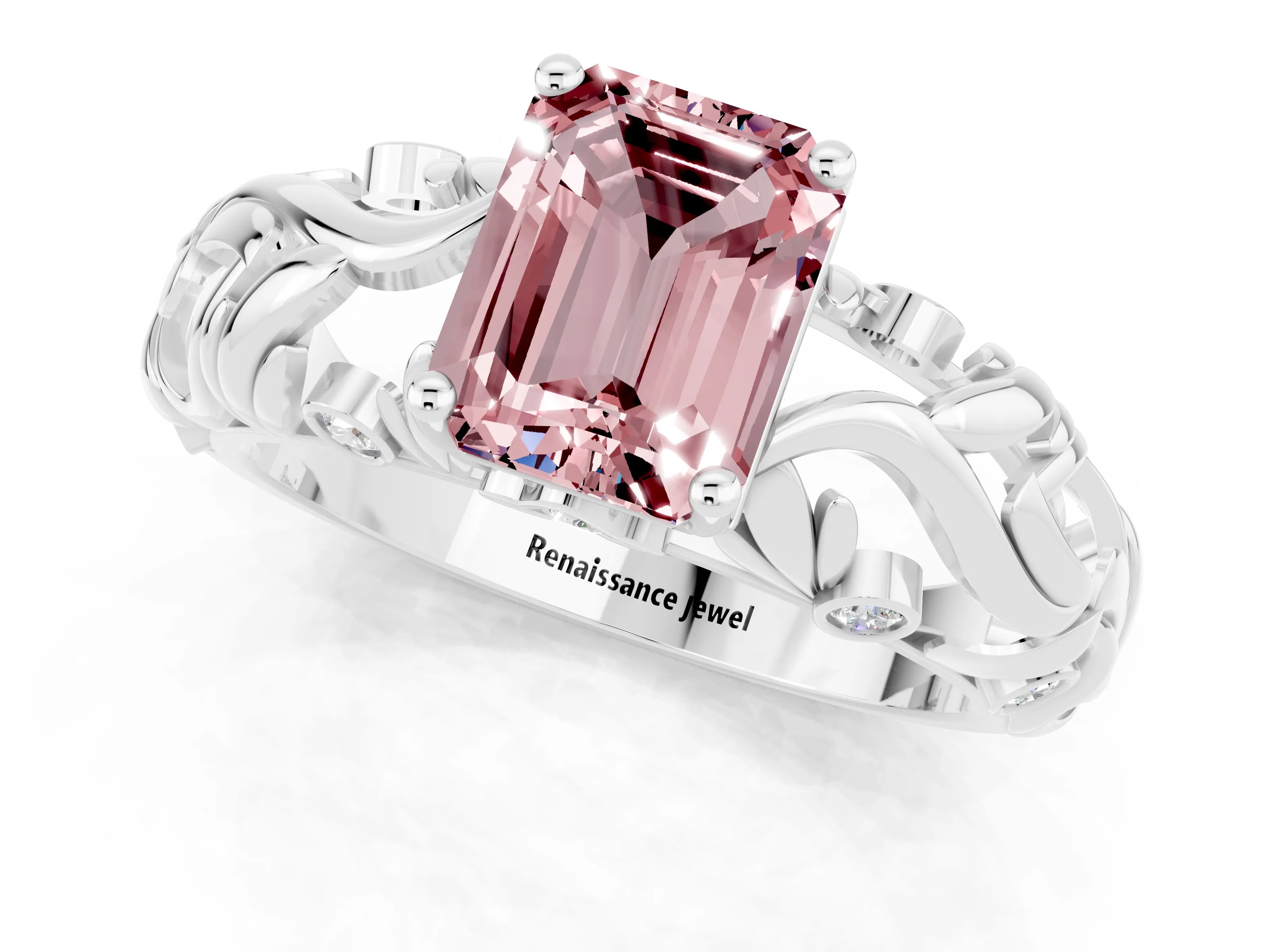 White gold Emerald Cut Solitaire Morganite Leaf-Inspired Vine Band Ring with Prong Setting_1