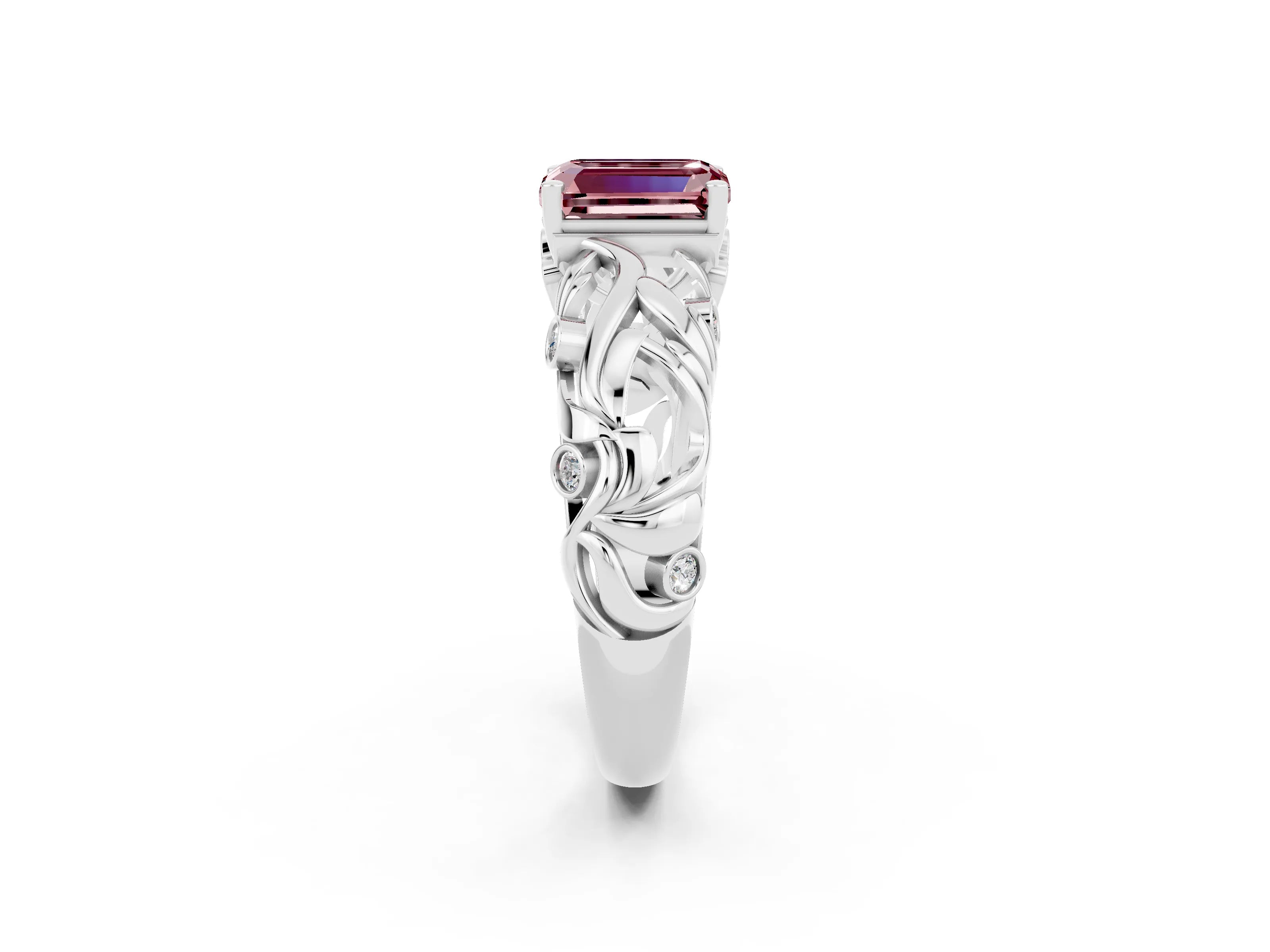 White gold Emerald Cut Solitaire Morganite Leaf-Inspired Vine Band Ring with Prong Setting_2