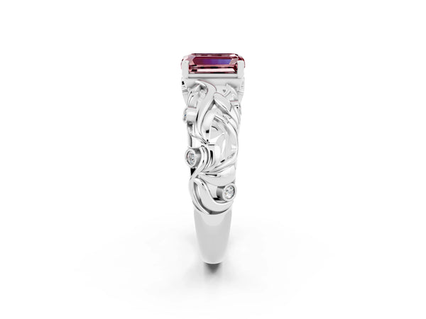 Silver Emerald Cut Solitaire Morganite Leaf-Inspired Vine Band Ring with Prong Setting