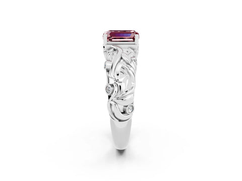 White gold Emerald Cut Solitaire Morganite Leaf-Inspired Vine Band Ring with Prong Setting_2