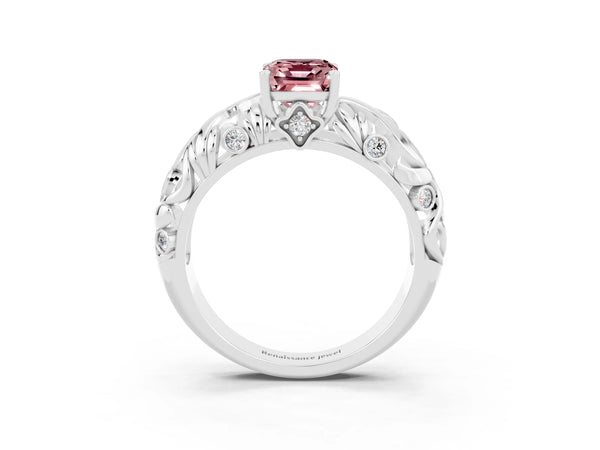 Platinum Emerald Cut Solitaire Morganite Leaf-Inspired Vine Band Ring with Prong Setting