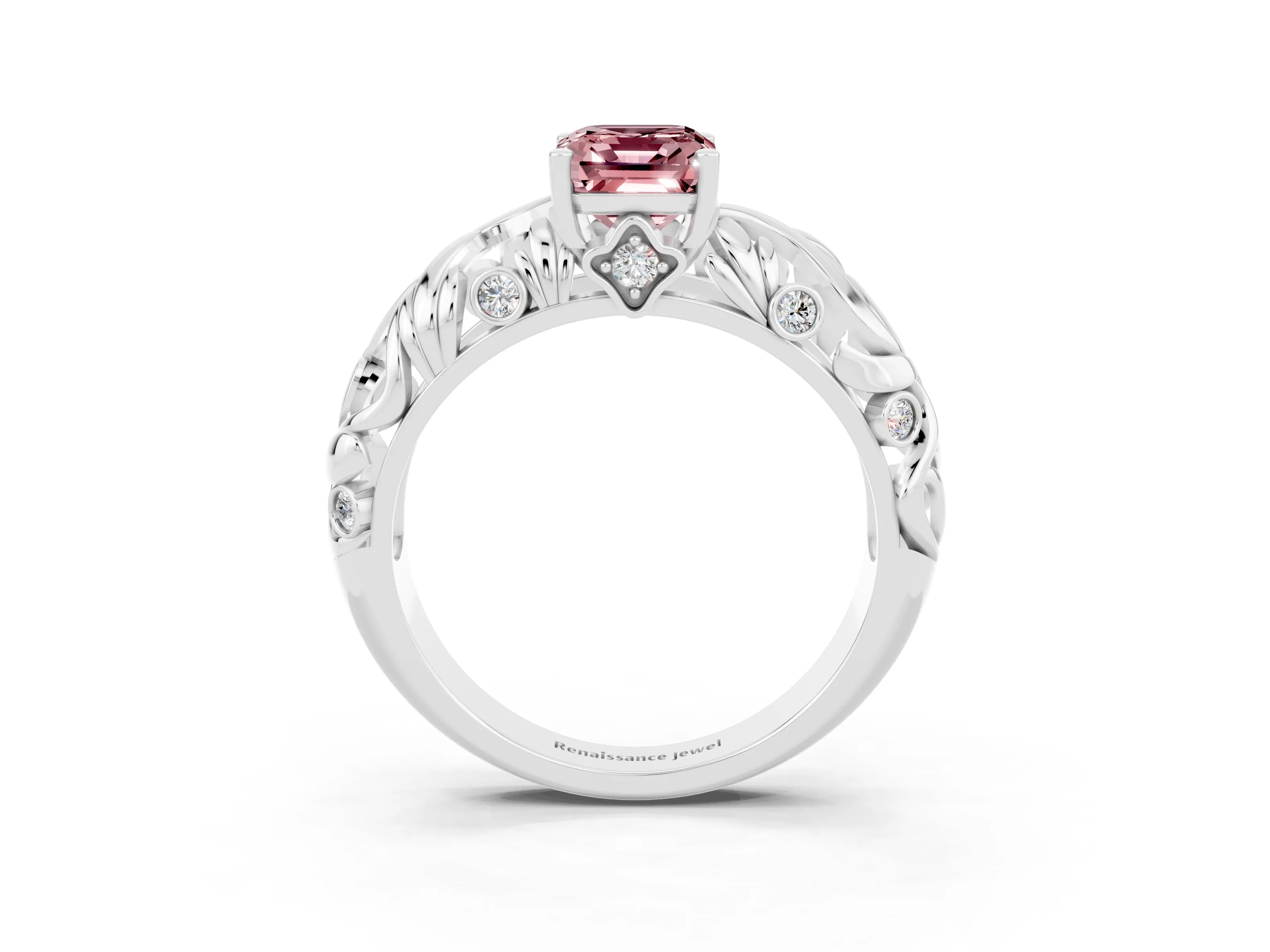 White gold Emerald Cut Solitaire Morganite Leaf-Inspired Vine Band Ring with Prong Setting_3