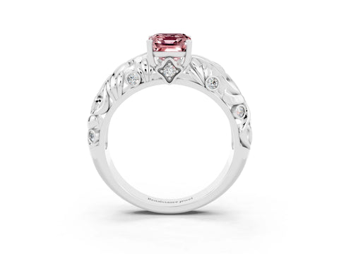 White gold Emerald Cut Solitaire Morganite Leaf-Inspired Vine Band Ring with Prong Setting_3