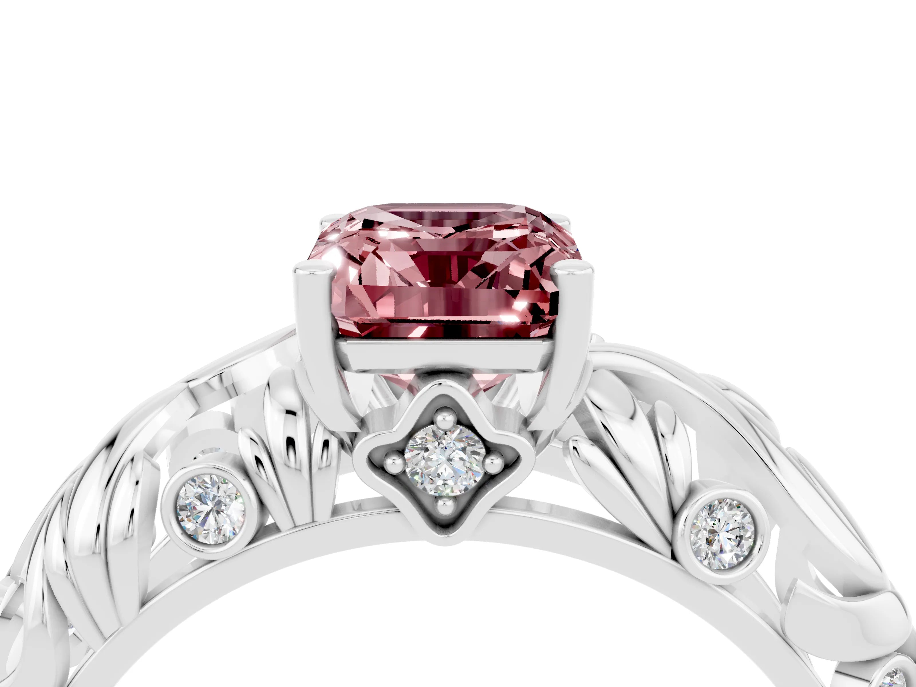 White gold Emerald Cut Solitaire Morganite Leaf-Inspired Vine Band Ring with Prong Setting_4