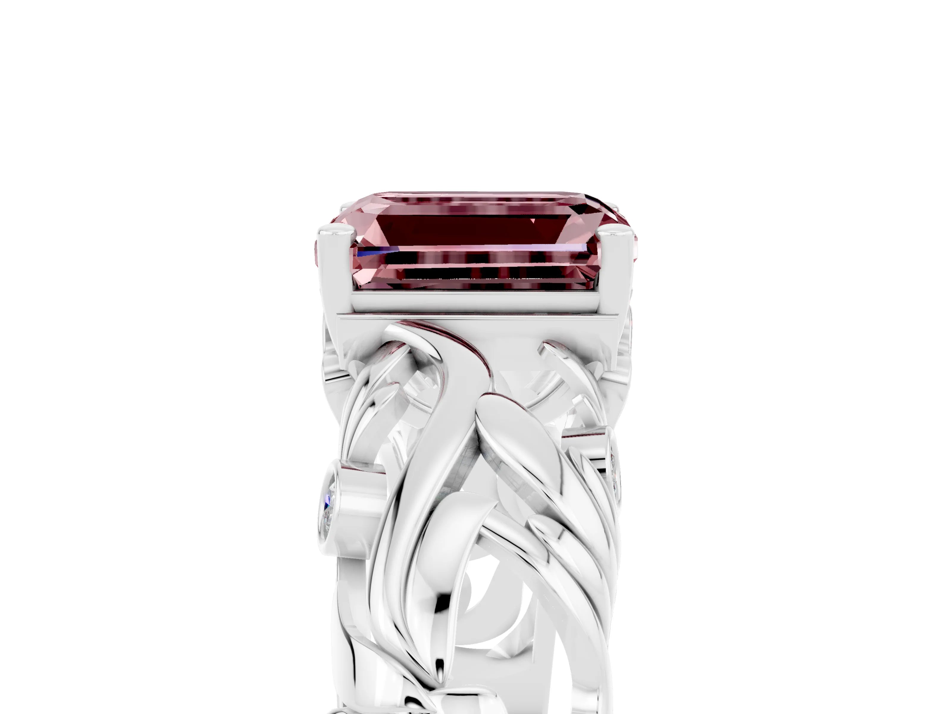 White gold Emerald Cut Solitaire Morganite Leaf-Inspired Vine Band Ring with Prong Setting_5