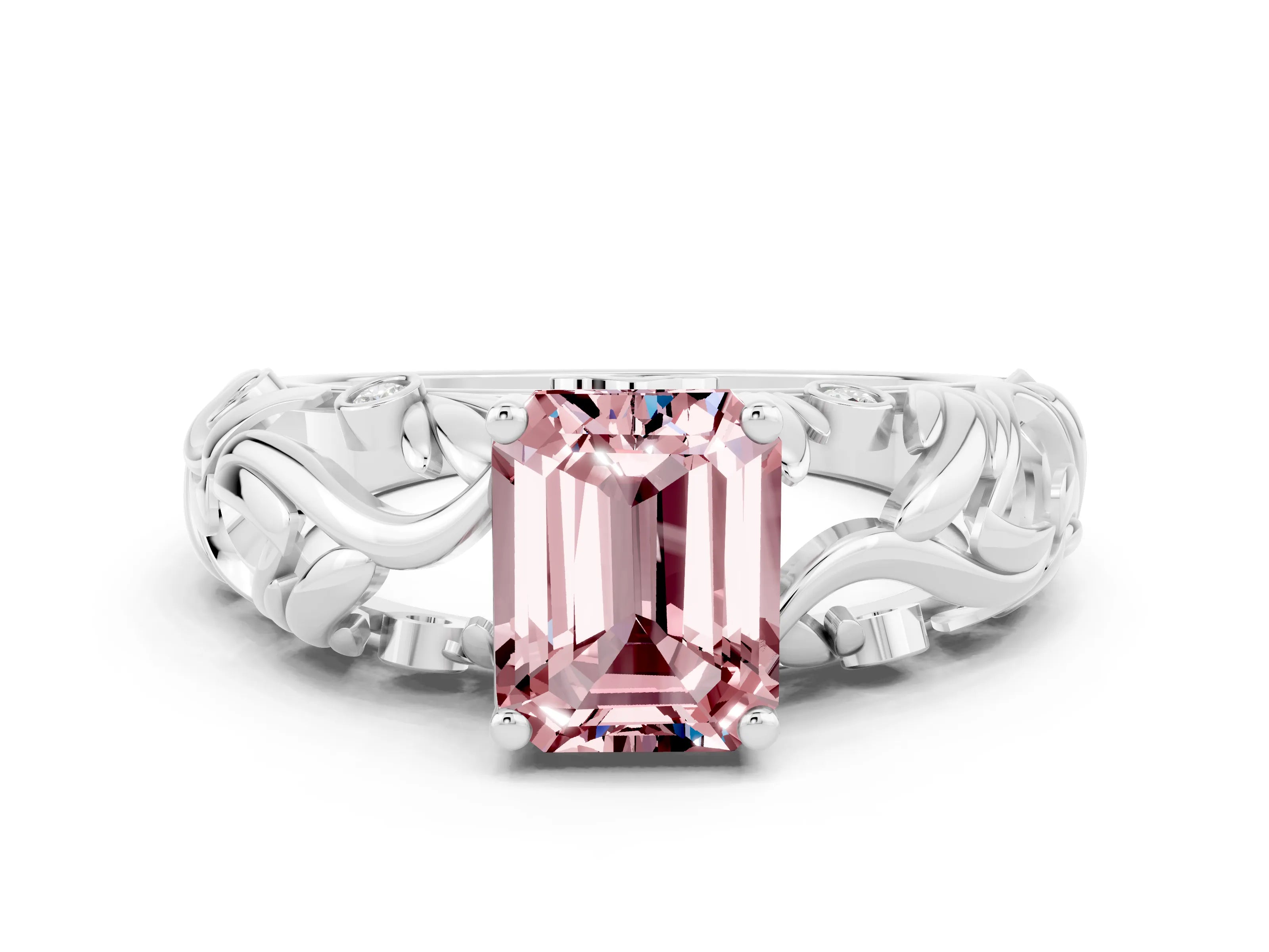 White gold Emerald Cut Solitaire Morganite Leaf-Inspired Vine Band Ring with Prong Setting