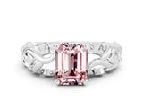 White gold Emerald Cut Solitaire Morganite Leaf-Inspired Vine Band Ring with Prong Setting