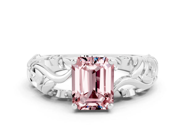 Silver Emerald Cut Solitaire Morganite Leaf-Inspired Vine Band Ring with Prong Setting