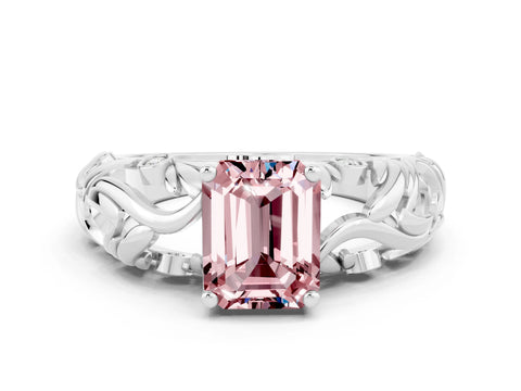 White gold Emerald Cut Solitaire Morganite Leaf-Inspired Vine Band Ring with Prong Setting