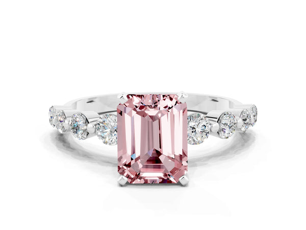 Platinum Emerald Cut Solitaire Morganite Ring with Pave Band and Four-Prong Setting