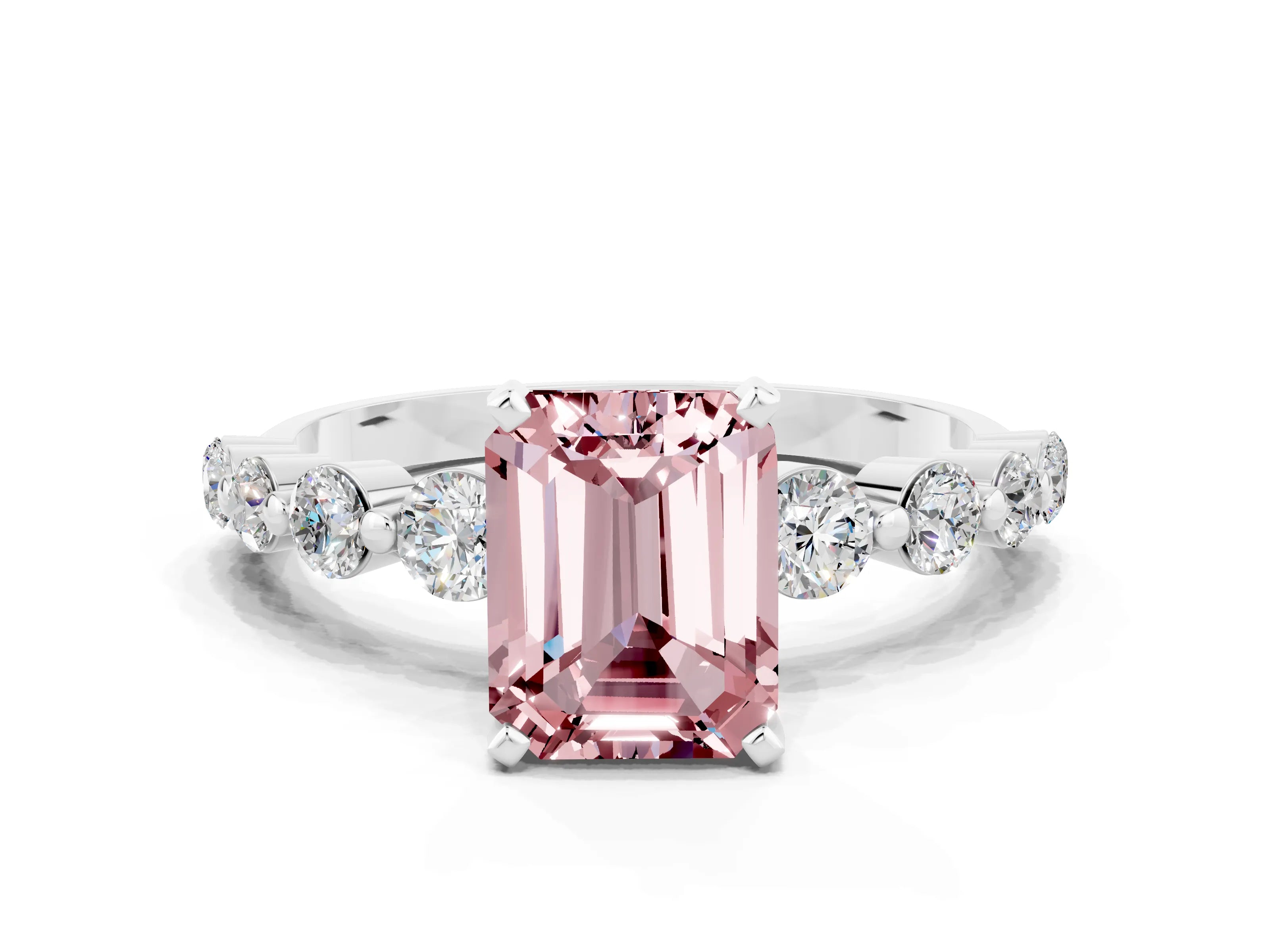 White gold Emerald Cut Solitaire Morganite Ring with Pave Band and Four-Prong Setting