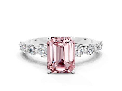 White gold Emerald Cut Solitaire Morganite Ring with Pave Band and Four-Prong Setting