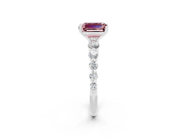 White gold Emerald Cut Solitaire Morganite Ring with Pave Band and Four-Prong Setting