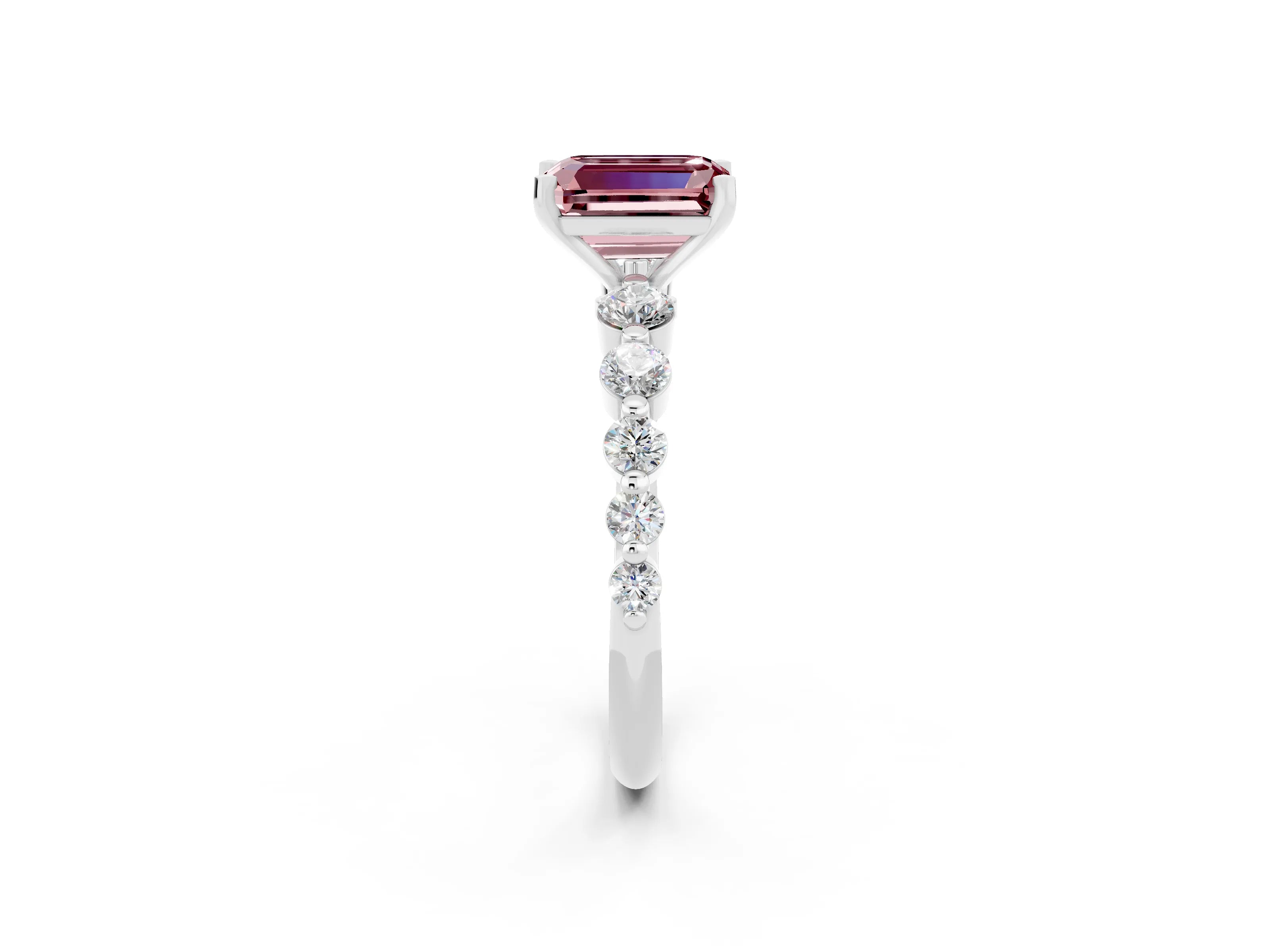 White gold Emerald Cut Solitaire Morganite Ring with Pave Band and Four-Prong Setting_2