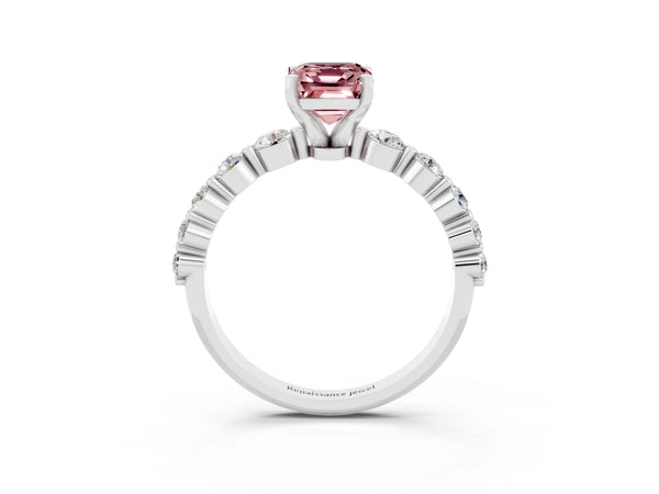 Platinum Emerald Cut Solitaire Morganite Ring with Pave Band and Four-Prong Setting