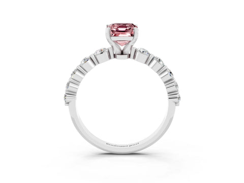 White gold Emerald Cut Solitaire Morganite Ring with Pave Band and Four-Prong Setting_3
