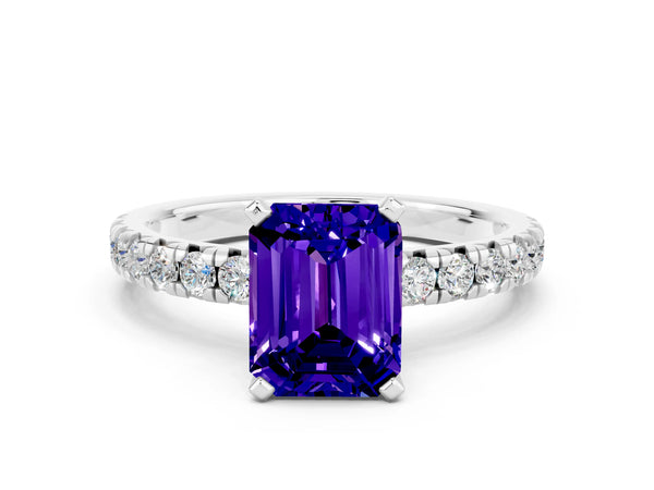 Silver Emerald Cut Solitaire Pave Diamond Engagement Ring with Four-Prong Setting