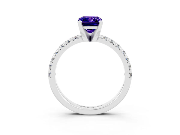 Platinum Emerald Cut Solitaire Pave Diamond Engagement Ring with Four-Prong Setting