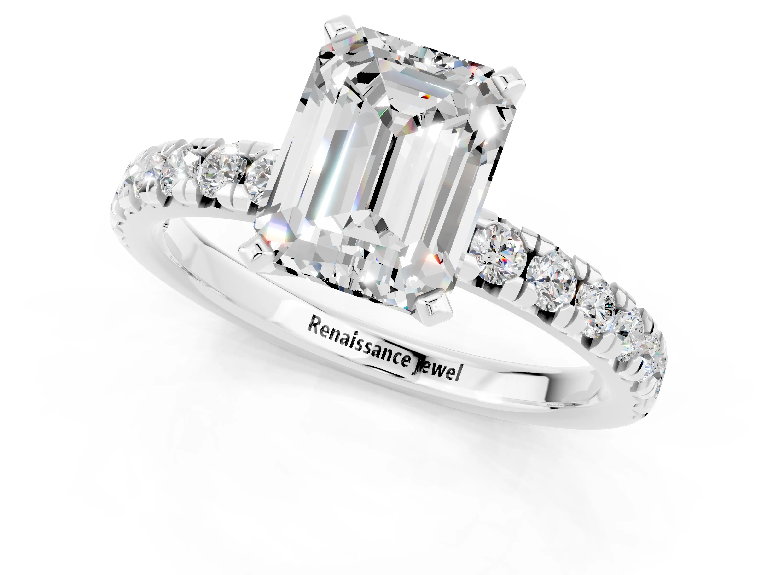White gold Emerald Cut Solitaire Pave Diamond Engagement Ring with Four-Prong Setting_1