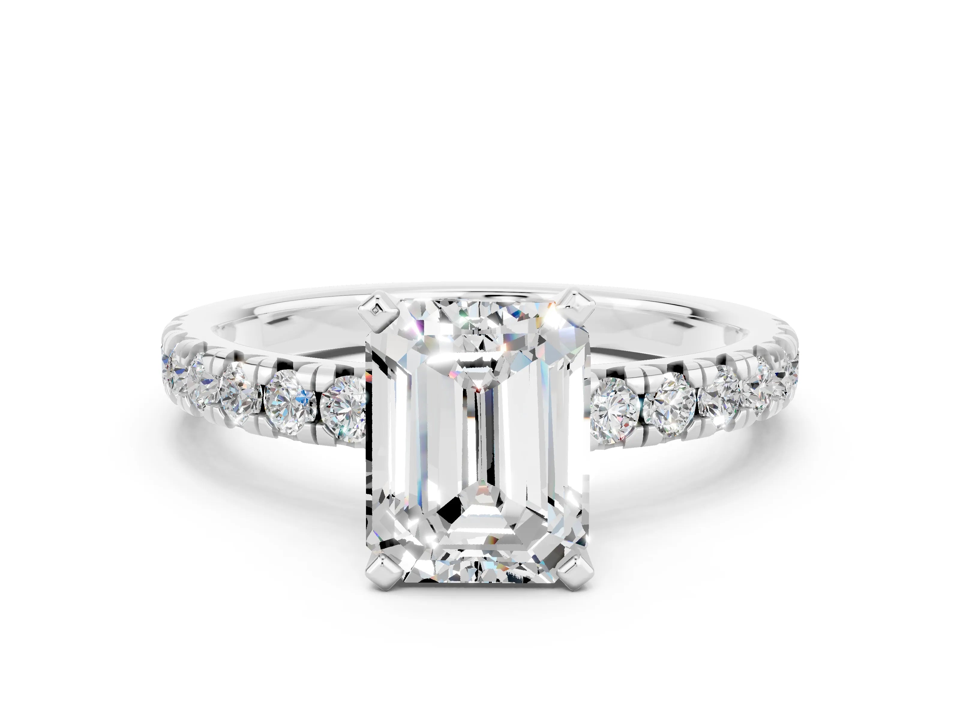 White gold Emerald Cut Solitaire Pave Diamond Engagement Ring with Four-Prong Setting
