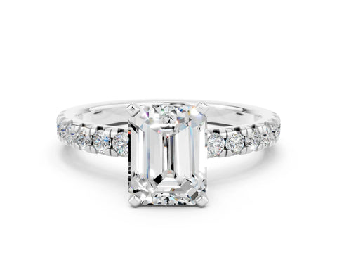 White gold Emerald Cut Solitaire Pave Diamond Engagement Ring with Four-Prong Setting