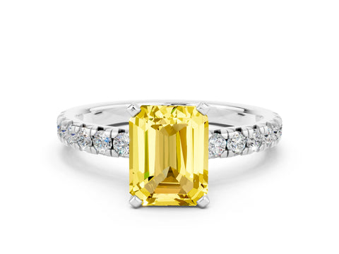 White gold Emerald Cut Solitaire Pave Diamond Engagement Ring with Four-Prong Setting