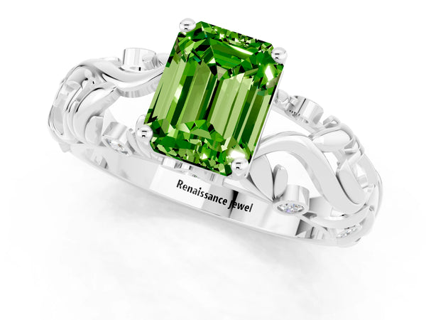 Platinum Emerald Cut Solitaire Peridot Leaf-Inspired Vine Band Ring with Prong Setting