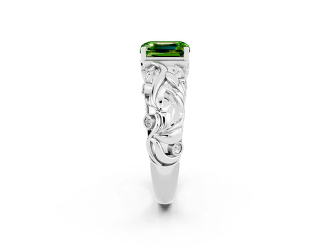 White gold Emerald Cut Solitaire Peridot Leaf-Inspired Vine Band Ring with Prong Setting_2