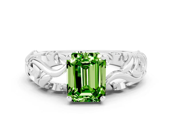 Silver Emerald Cut Solitaire Peridot Leaf-Inspired Vine Band Ring with Prong Setting
