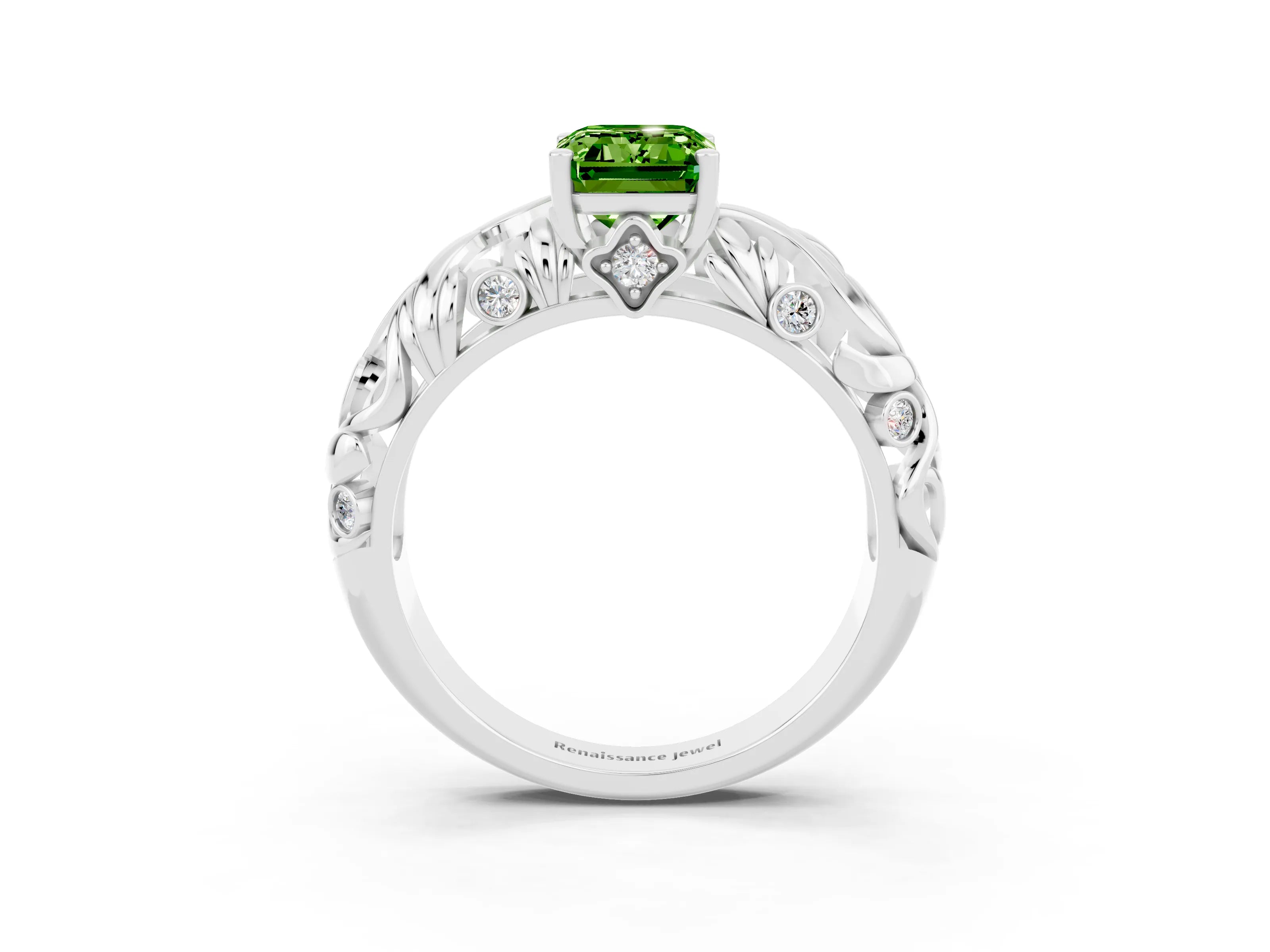 White gold Emerald Cut Solitaire Peridot Leaf-Inspired Vine Band Ring with Prong Setting_3