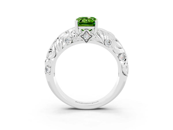 Platinum Emerald Cut Solitaire Peridot Leaf-Inspired Vine Band Ring with Prong Setting