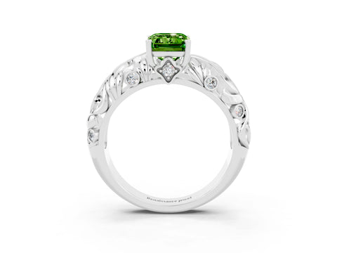 White gold Emerald Cut Solitaire Peridot Leaf-Inspired Vine Band Ring with Prong Setting_3