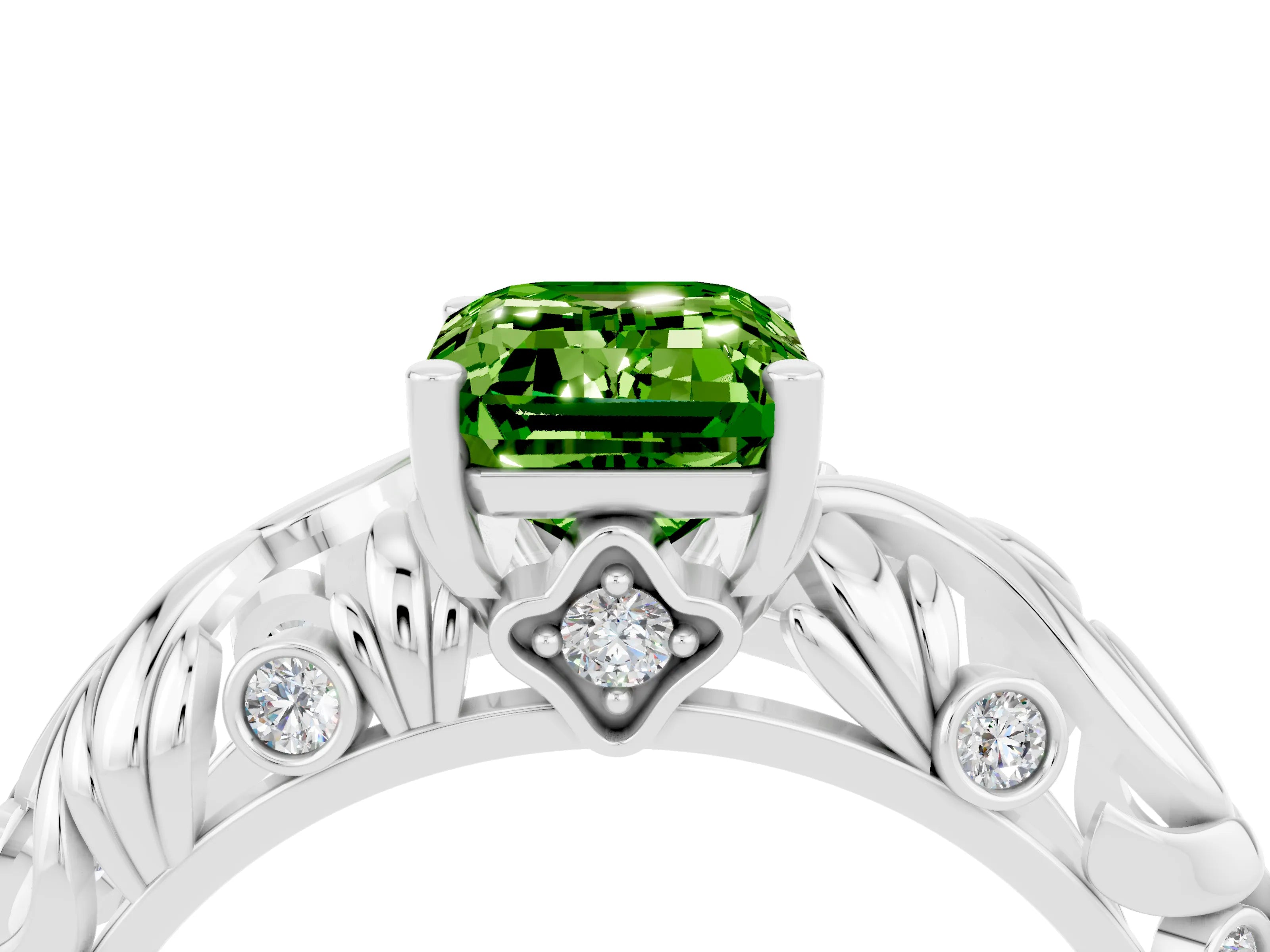 White gold Emerald Cut Solitaire Peridot Leaf-Inspired Vine Band Ring with Prong Setting_4