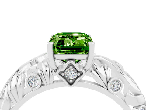 White gold Emerald Cut Solitaire Peridot Leaf-Inspired Vine Band Ring with Prong Setting_4