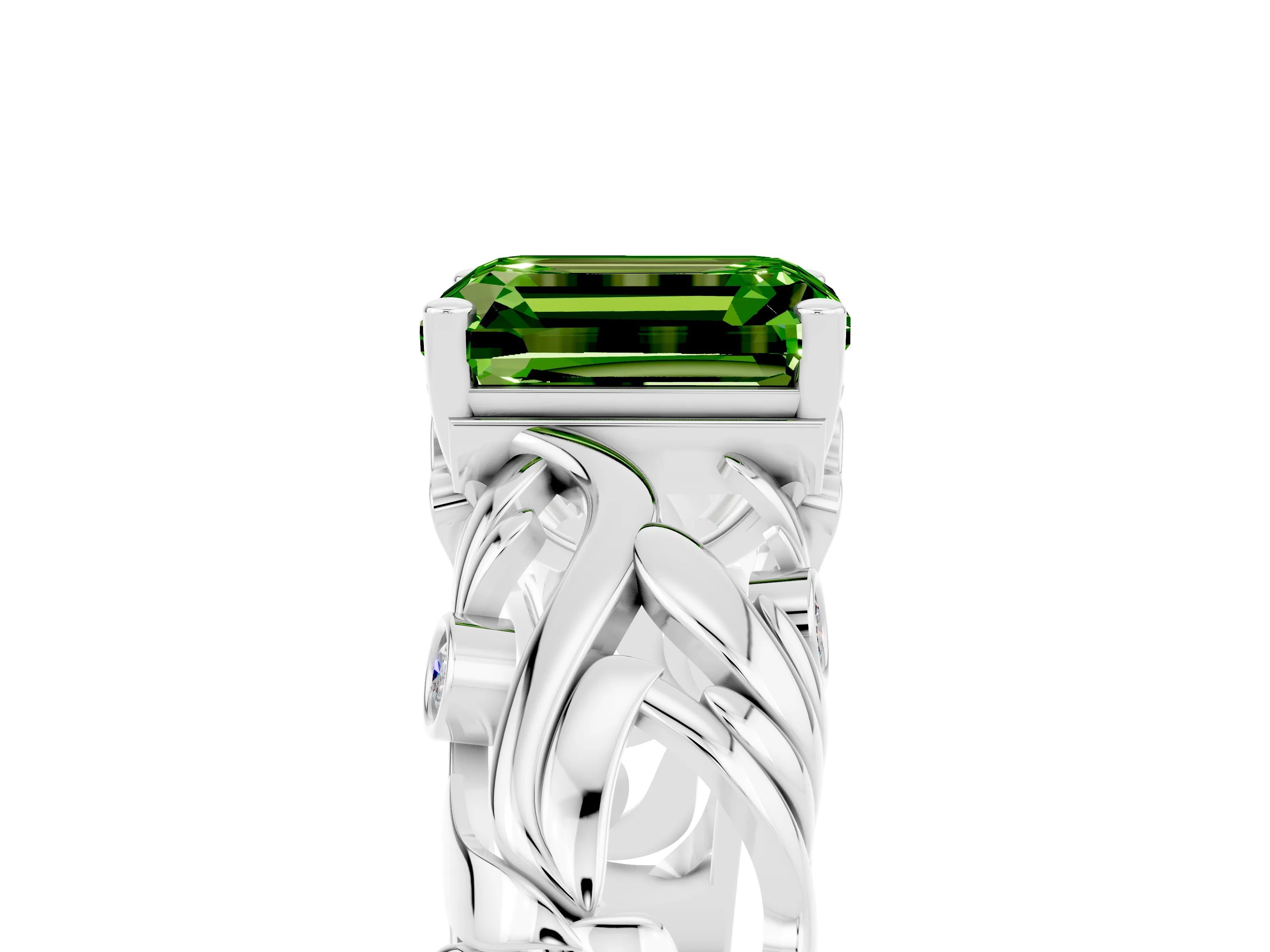 White gold Emerald Cut Solitaire Peridot Leaf-Inspired Vine Band Ring with Prong Setting_5