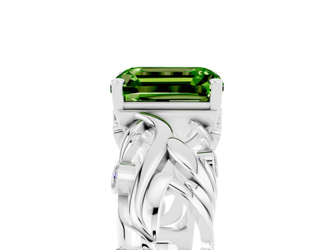 White gold Emerald Cut Solitaire Peridot Leaf-Inspired Vine Band Ring with Prong Setting_5