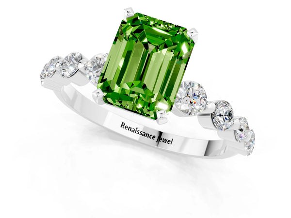 White gold Emerald Cut Solitaire Peridot Ring with Pave Band and Four-Prong Setting