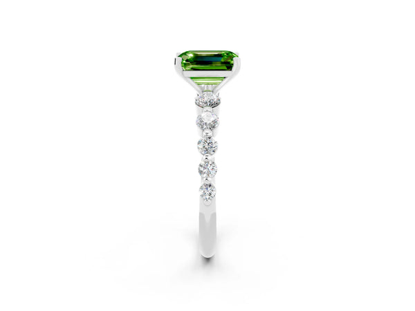 Platinum Emerald Cut Solitaire Peridot Ring with Pave Band and Four-Prong Setting