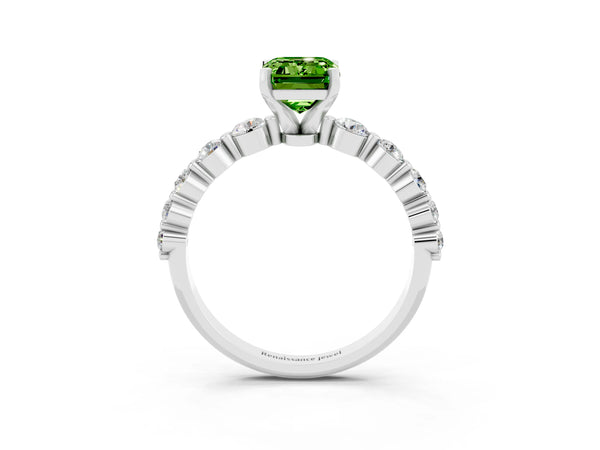 Platinum Emerald Cut Solitaire Peridot Ring with Pave Band and Four-Prong Setting