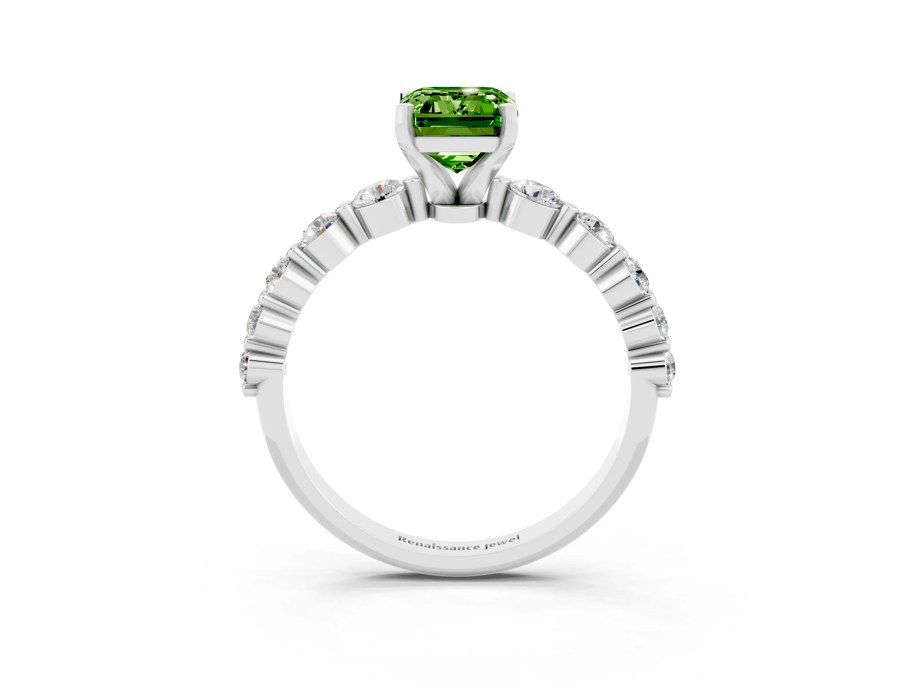 White gold Emerald Cut Solitaire Peridot Ring with Pave Band and Four-Prong Setting_3