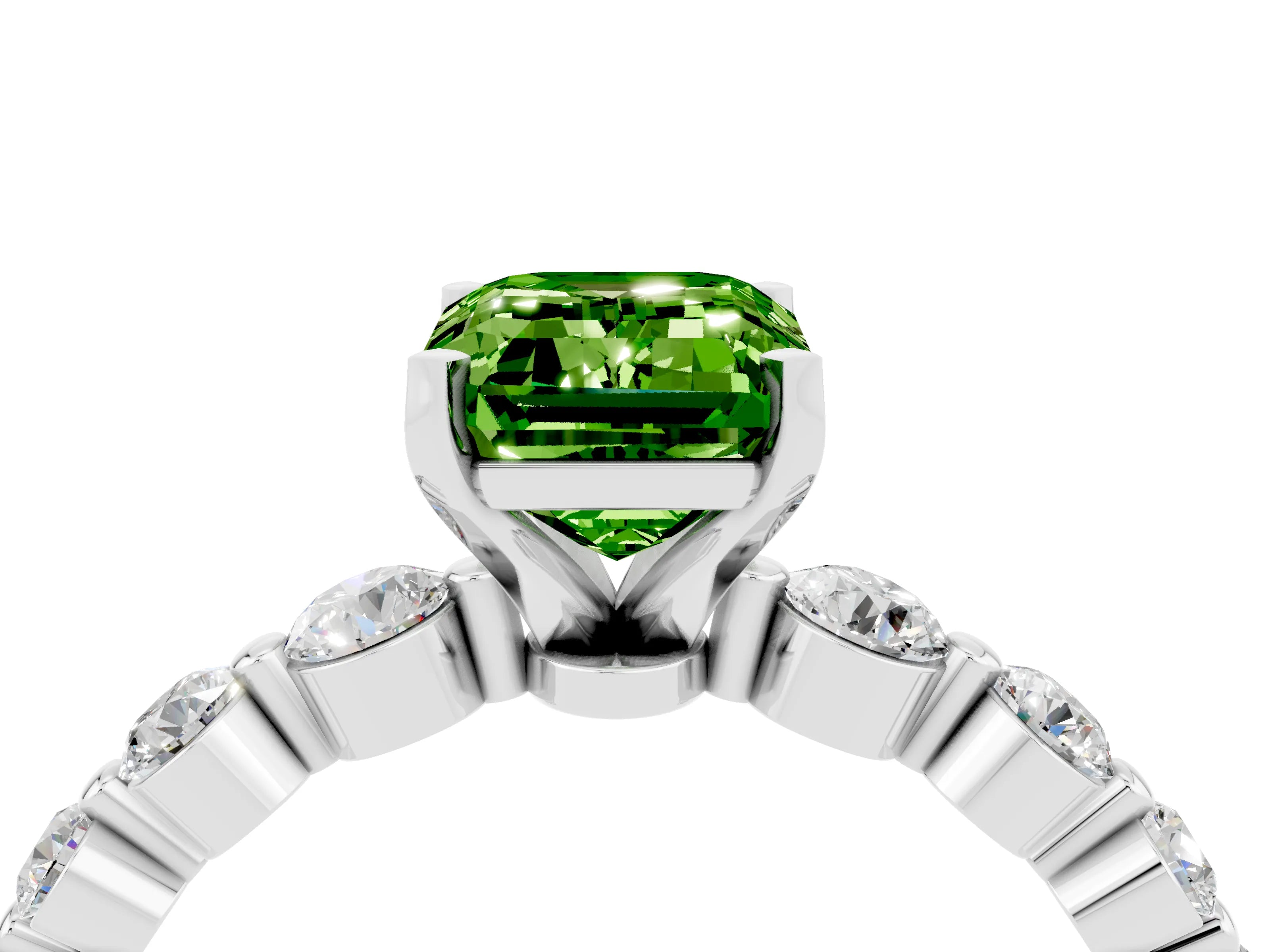 White gold Emerald Cut Solitaire Peridot Ring with Pave Band and Four-Prong Setting_4