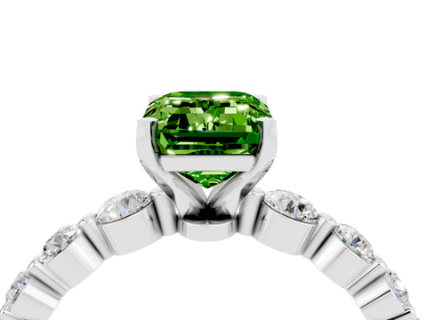 White gold Emerald Cut Solitaire Peridot Ring with Pave Band and Four-Prong Setting_4