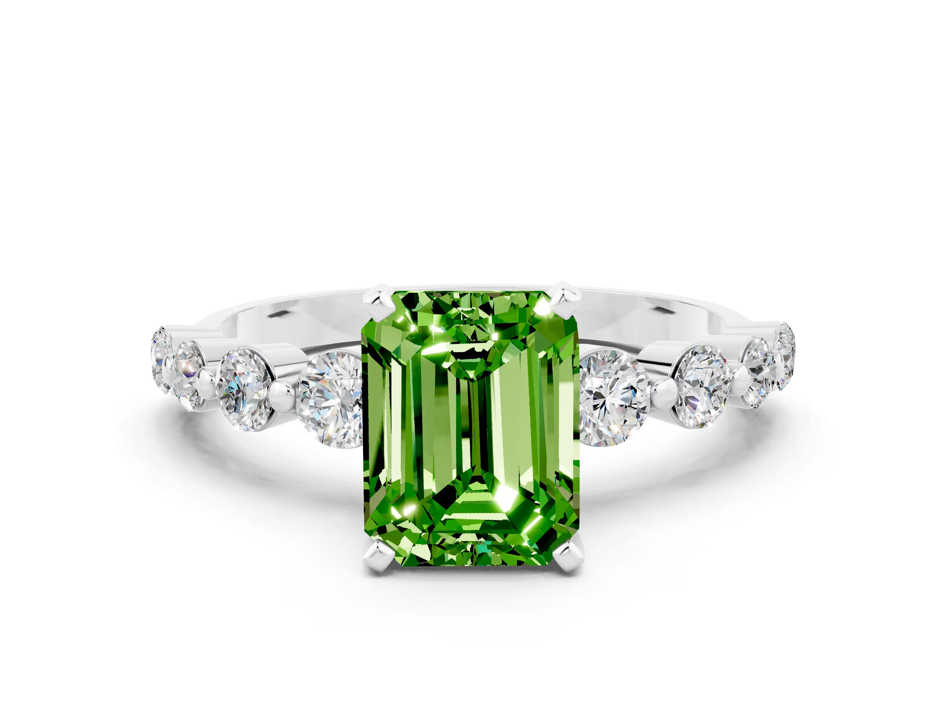 White gold Emerald Cut Solitaire Peridot Ring with Pave Band and Four-Prong Setting