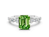 White gold Emerald Cut Solitaire Peridot Ring with Pave Band and Four-Prong Setting