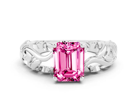 White gold Emerald Cut Solitaire Pink Sapphire Leaf-Inspired Vine Band Ring with Prong Setting_24